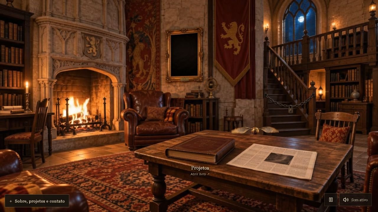 Captura real do portfólio de Anderson: sala com lareira, retrato e livro de projetos sobre a mesa